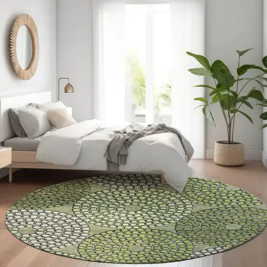 8' Olive Green Beige And Ivory Geometric Washable Round Rug With UV Protection Photo 5