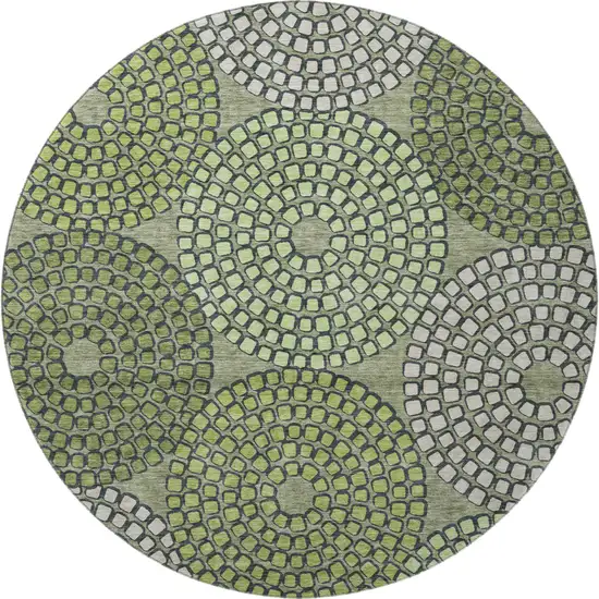 8' Olive Green Beige And Ivory Geometric Washable Round Rug With UV Protection Photo 4