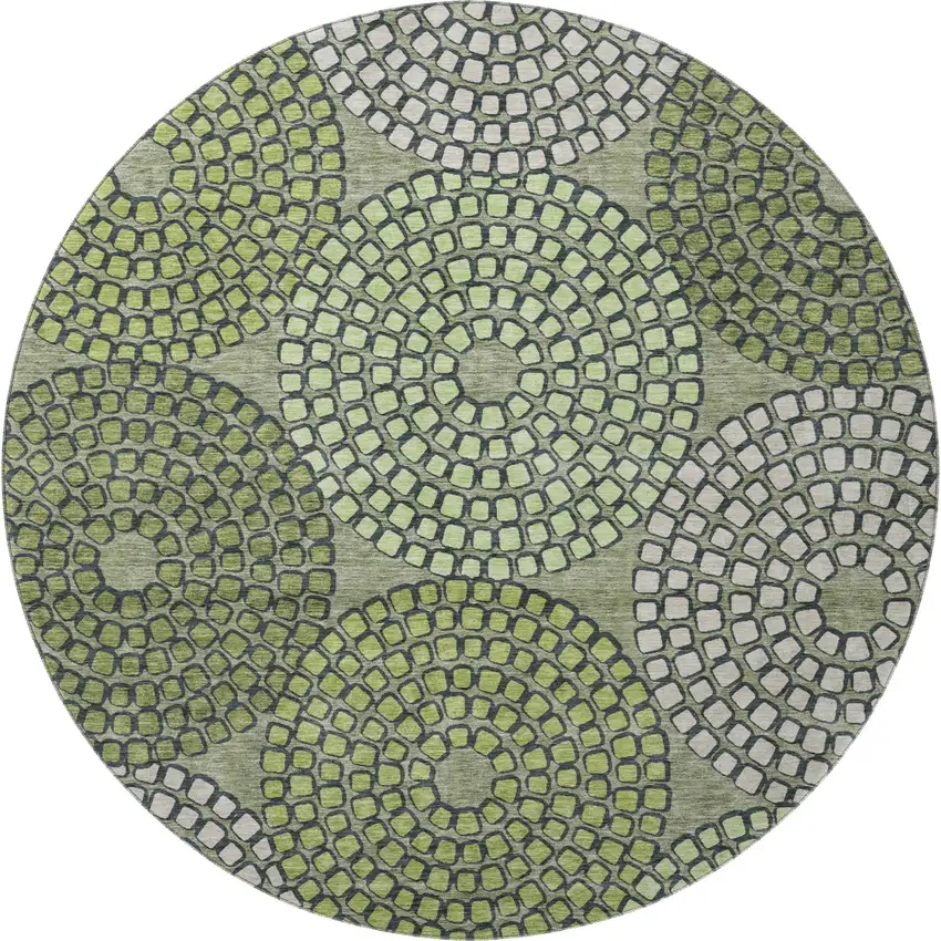 8' Olive Green Beige And Ivory Geometric Washable Round Rug With UV Protection Photo 4