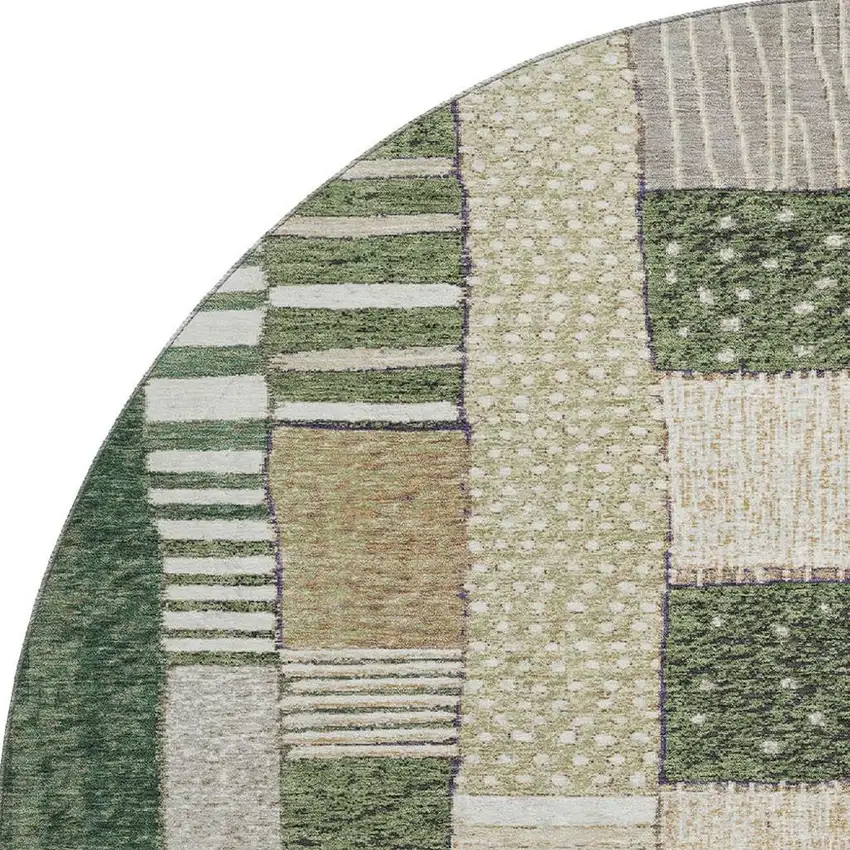 8' Olive Green Beige And Ivory Geometric Washable Round Rug With UV Protection Photo 4
