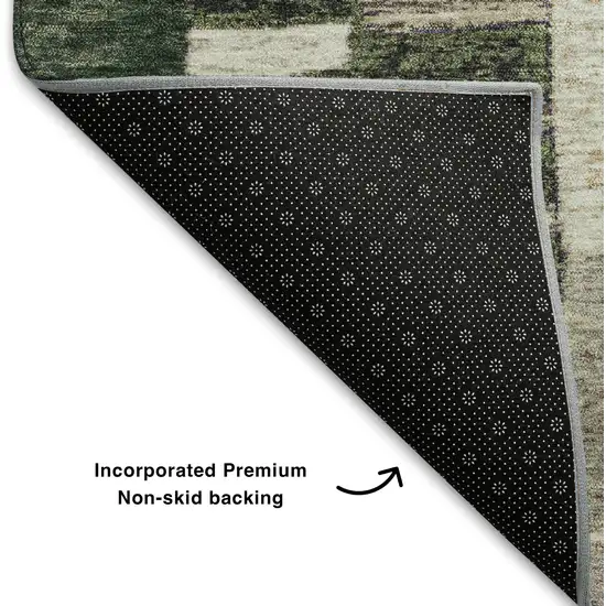 8' Olive Green Beige And Ivory Geometric Washable Round Rug With UV Protection Photo 6