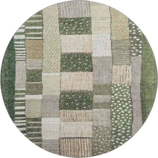 8' Olive Green Beige And Ivory Geometric Washable Round Rug With UV Protection Photo 1