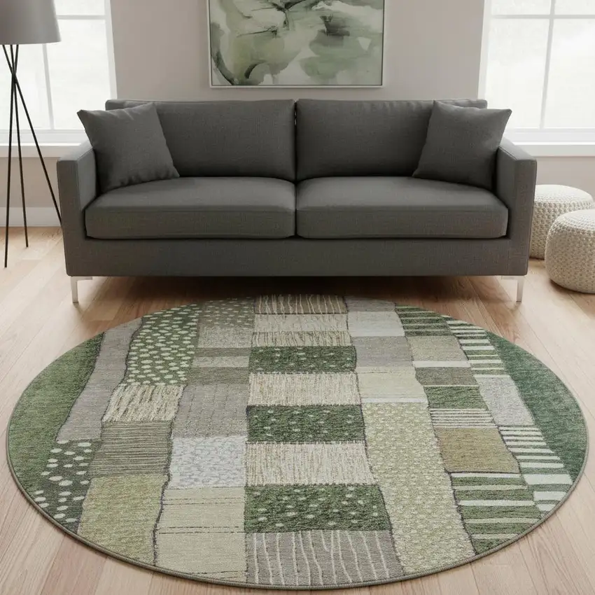 8' Olive Green Beige And Ivory Geometric Washable Round Rug With UV Protection Photo 2