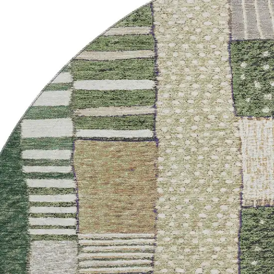 8' Olive Green Beige And Ivory Geometric Washable Round Rug With UV Protection Photo 3
