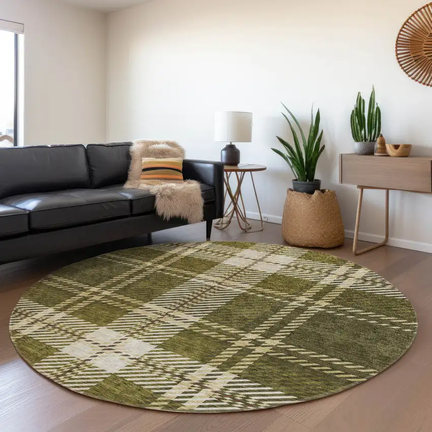 8' Olive Green Beige And Ivory Plaid Washable Round Rug With UV Protection Photo 4
