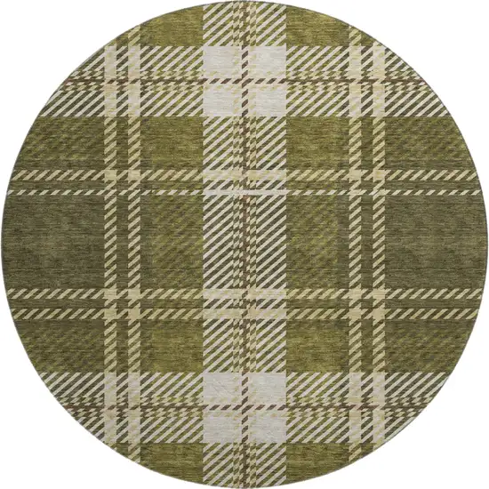 8' Olive Green Beige And Ivory Plaid Washable Round Rug With UV Protection Photo 1