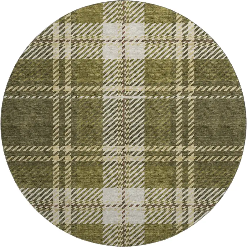 8' Olive Green Beige And Ivory Plaid Washable Round Rug With UV Protection Photo 1