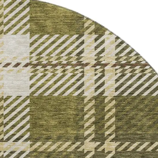 8' Olive Green Beige And Ivory Plaid Washable Round Rug With UV Protection Photo 2