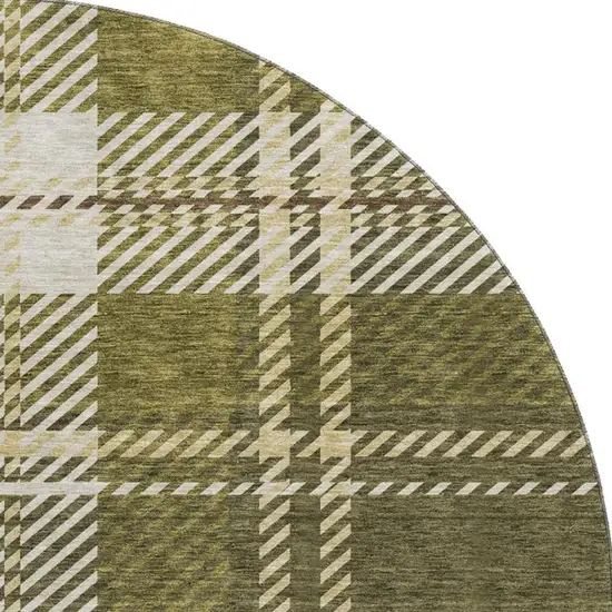 8' Olive Green Beige And Ivory Plaid Washable Round Rug With UV Protection Photo 3