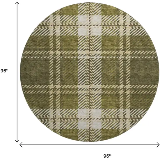 8' Olive Green Beige And Ivory Plaid Washable Round Rug With UV Protection Photo 9