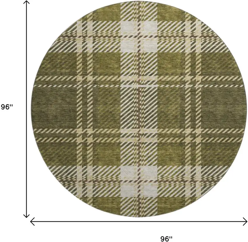 8' Olive Green Beige And Ivory Plaid Washable Round Rug With UV Protection Photo 9