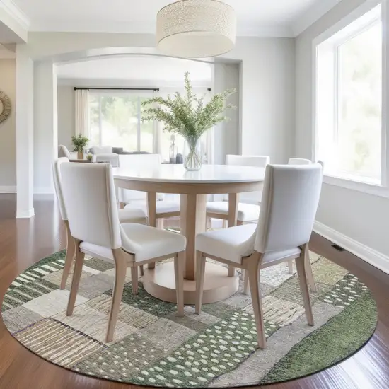 8' Olive Green Beige And Ivory Round Geometric Washable Indoor Outdoor Area Rug Photo 7