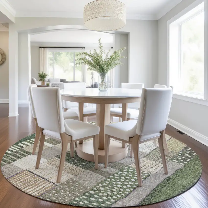 8' Olive Green Beige And Ivory Round Geometric Washable Indoor Outdoor Area Rug Photo 7