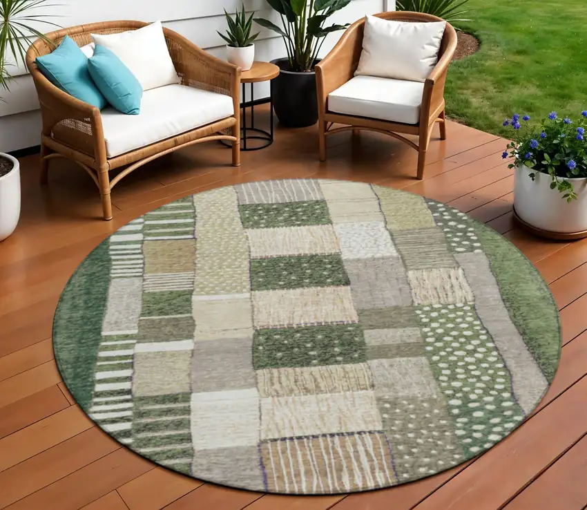 8' Olive Green Beige And Ivory Round Geometric Washable Indoor Outdoor Area Rug Photo 2