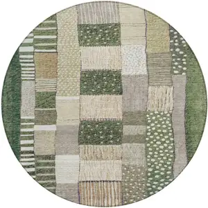 Photo of 8' Olive Green Beige And Ivory Round Geometric Washable Indoor Outdoor Area Rug