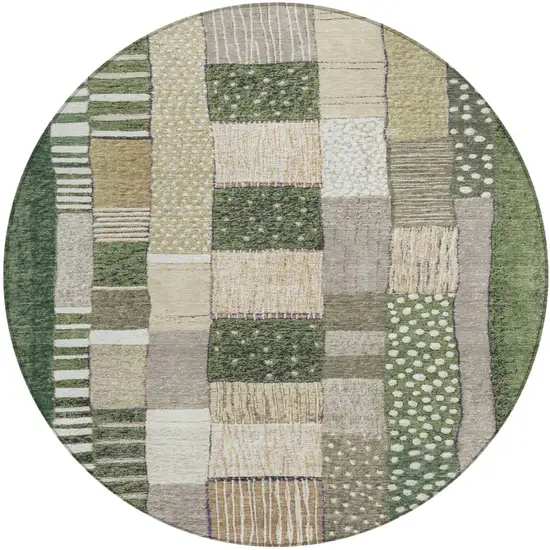 8' Olive Green Beige And Ivory Round Geometric Washable Indoor Outdoor Area Rug Photo 1