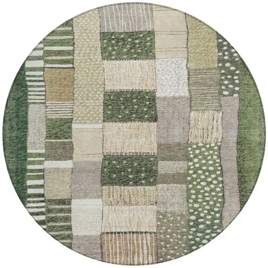 8' Olive Green Beige And Ivory Round Geometric Washable Indoor Outdoor Area Rug Photo 3
