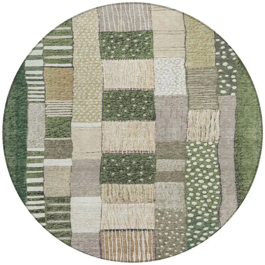 8' Olive Green Beige And Ivory Round Geometric Washable Indoor Outdoor Area Rug Photo 3