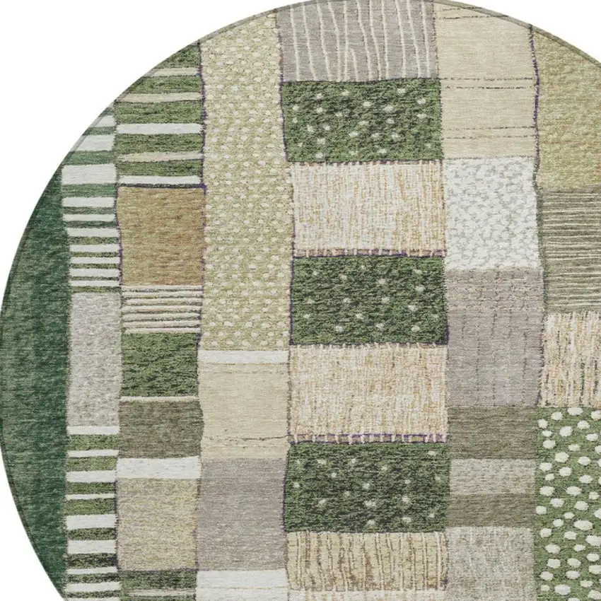 8' Olive Green Beige And Ivory Round Geometric Washable Indoor Outdoor Area Rug Photo 9
