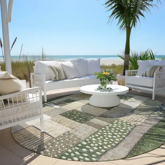 8' Olive Green Beige And Ivory Round Geometric Washable Indoor Outdoor Area Rug Photo 6