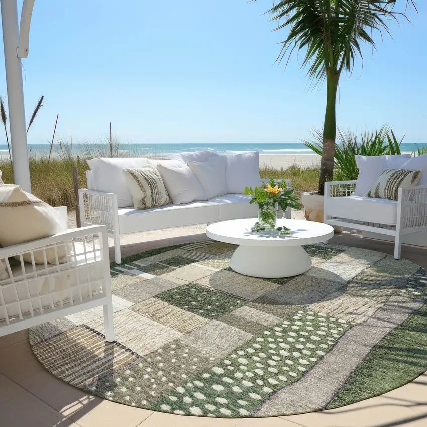 8' Olive Green Beige And Ivory Round Geometric Washable Indoor Outdoor Area Rug Photo 6