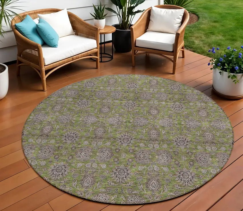 8' Olive Green Beige And Taupe Round Floral Washable Indoor Outdoor Area Rug Photo 1
