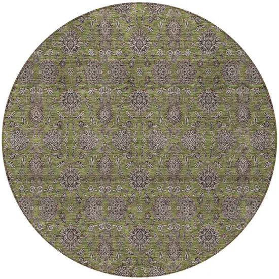8' Olive Green Beige And Taupe Round Floral Washable Indoor Outdoor Area Rug Photo 5
