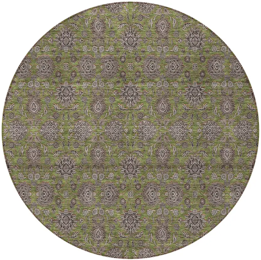 8' Olive Green Beige And Taupe Round Floral Washable Indoor Outdoor Area Rug Photo 5