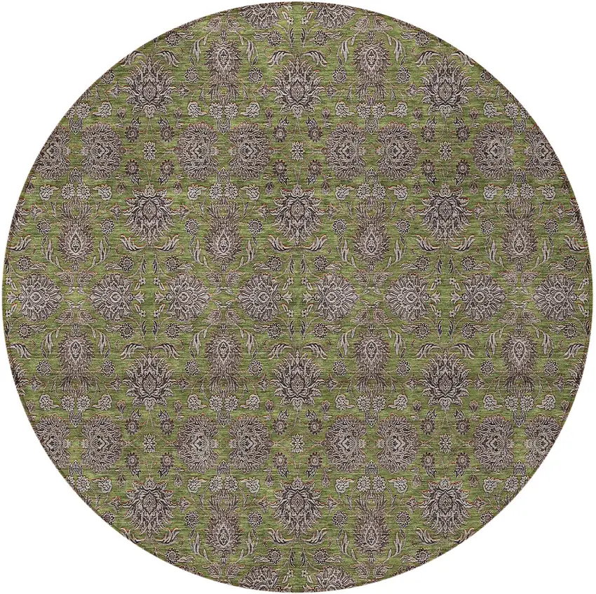 8' Olive Green Beige And Taupe Round Floral Washable Indoor Outdoor Area Rug Photo 5