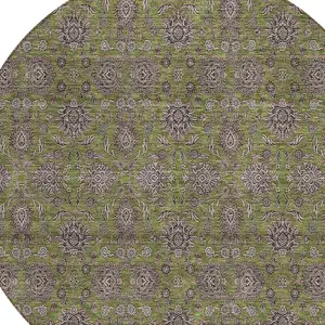 Photo of 8' Olive Green Beige And Taupe Round Floral Washable Indoor Outdoor Area Rug