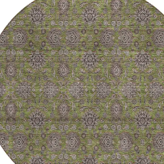 8' Olive Green Beige And Taupe Round Floral Washable Indoor Outdoor Area Rug Photo 4