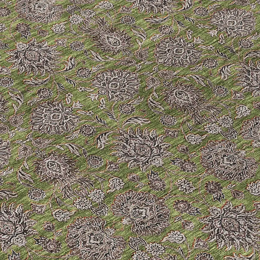 8' Olive Green Beige And Taupe Round Floral Washable Indoor Outdoor Area Rug Photo 9