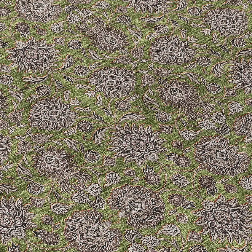 8' Olive Green Beige And Taupe Round Floral Washable Indoor Outdoor Area Rug Photo 9