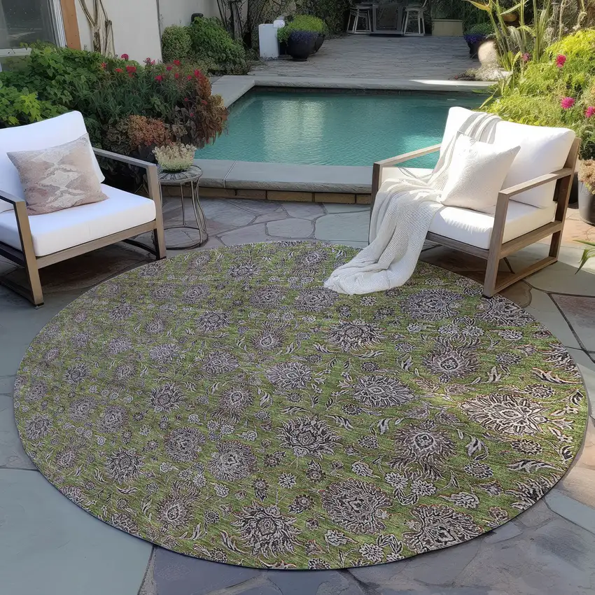 8' Olive Green Beige And Taupe Round Floral Washable Indoor Outdoor Area Rug Photo 6
