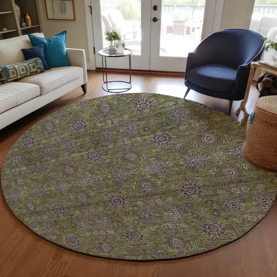 8' Olive Green Beige And Taupe Round Floral Washable Indoor Outdoor Area Rug Photo 7