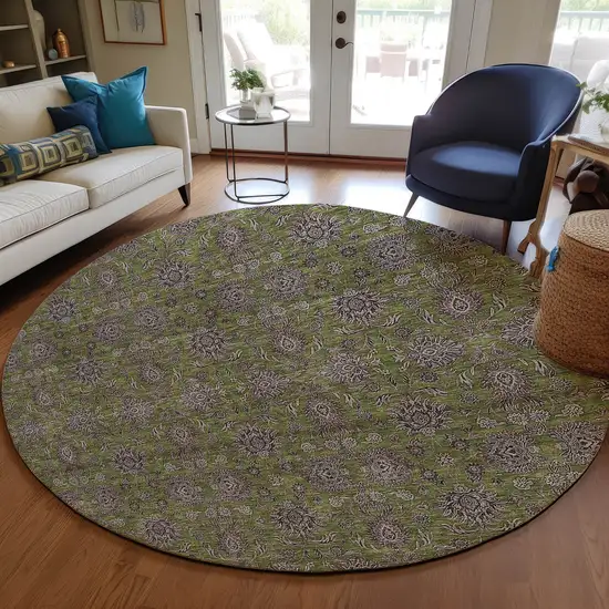 8' Olive Green Beige And Taupe Round Floral Washable Indoor Outdoor Area Rug Photo 7