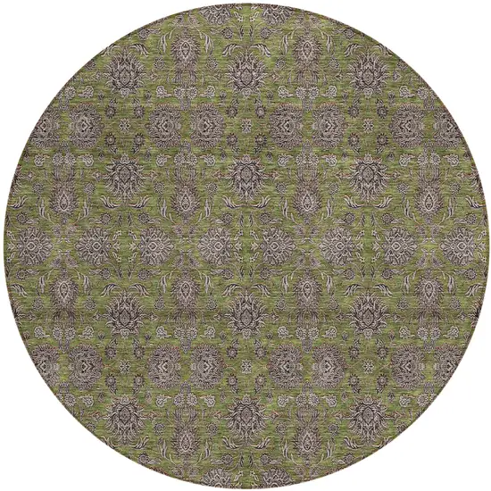 8' Olive Green Beige And Taupe Round Floral Washable Indoor Outdoor Area Rug Photo 2
