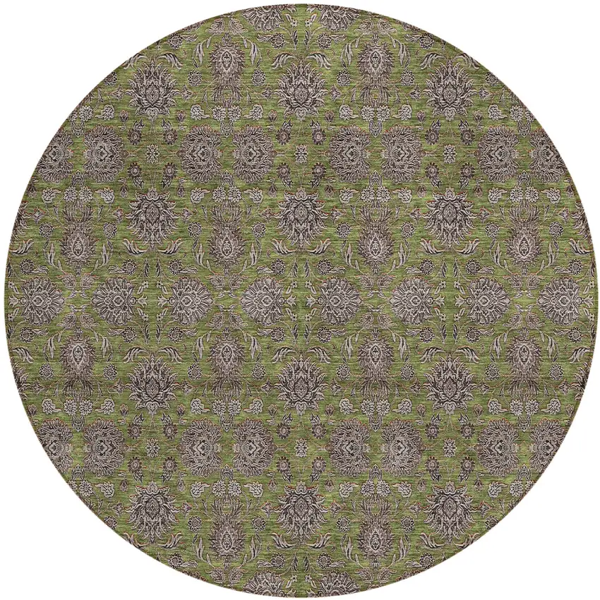 8' Olive Green Beige And Taupe Round Floral Washable Indoor Outdoor Area Rug Photo 2