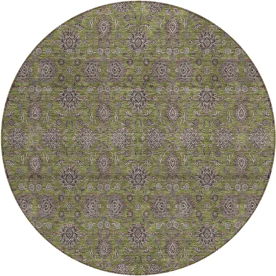 8' Olive Green Beige And Taupe Round Floral Washable Indoor Outdoor Area Rug Photo 2