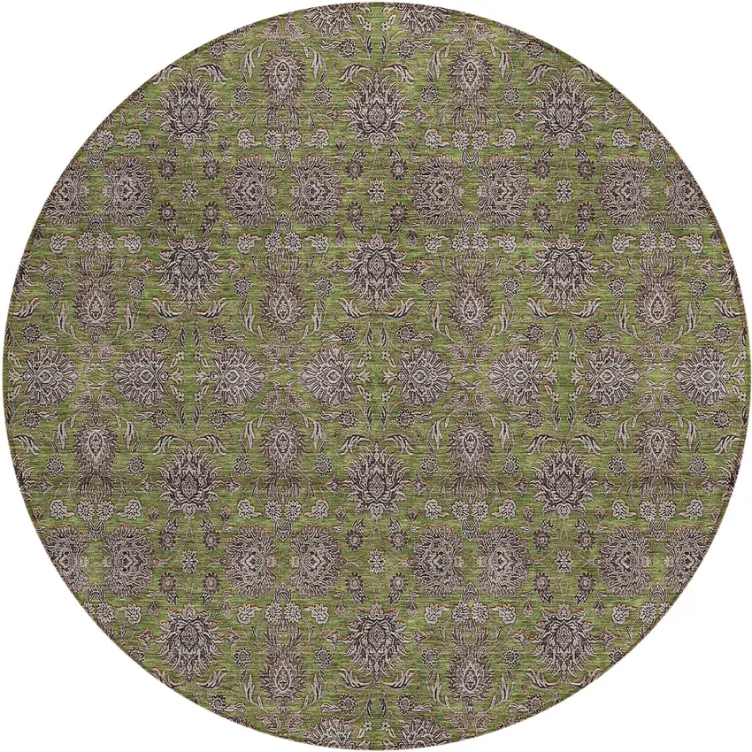 8' Olive Green Beige And Taupe Round Floral Washable Indoor Outdoor Area Rug Photo 2