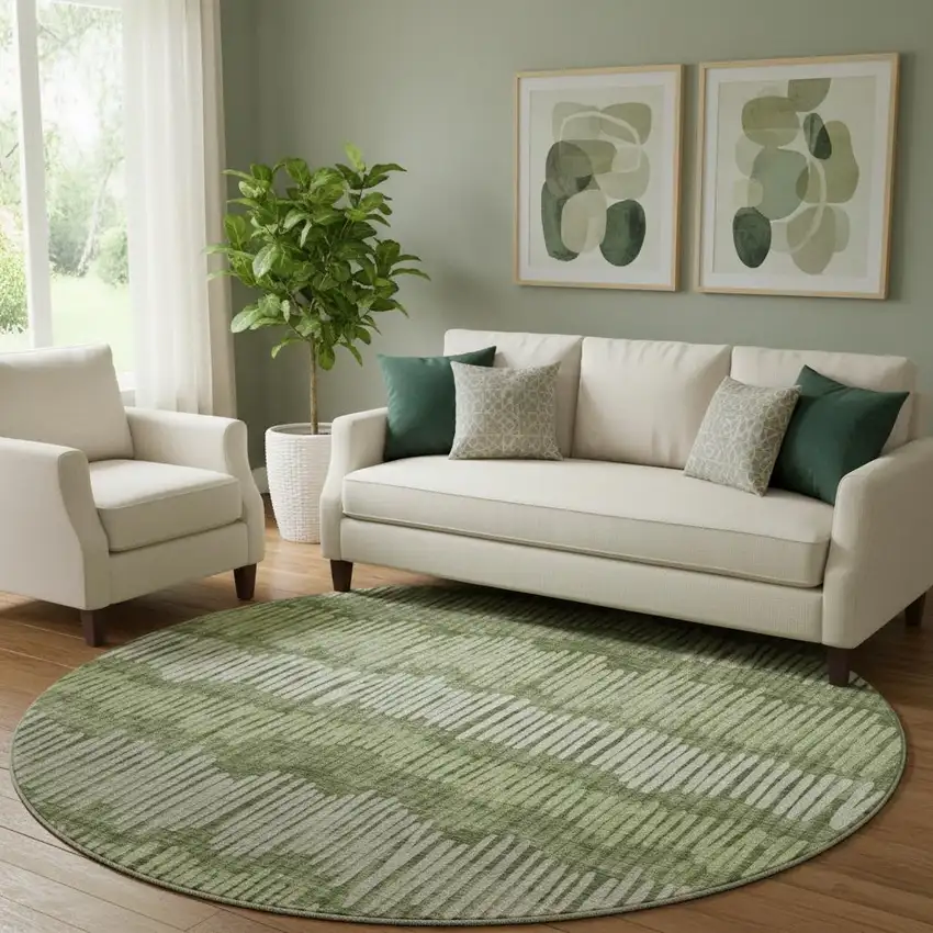 8' Olive Green Beige And Taupe Striped Washable Round Rug With UV Protection Photo 1