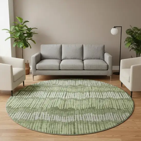 8' Olive Green Beige And Taupe Striped Washable Round Rug With UV Protection Photo 2