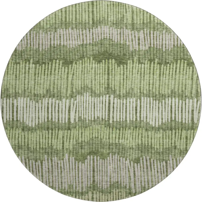8' Olive Green Beige And Taupe Striped Washable Round Rug With UV Protection Photo 1