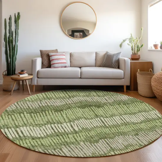 8' Olive Green Beige And Taupe Striped Washable Round Rug With UV Protection Photo 5