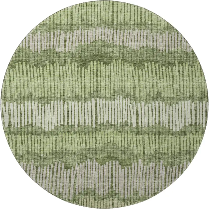 8' Olive Green Beige And Taupe Striped Washable Round Rug With UV Protection Photo 4