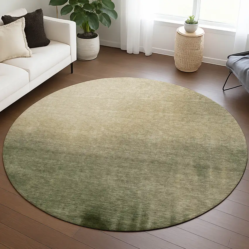 8' Olive Green Beige And Wheat Round Abstract Washable Indoor Outdoor Area Rug Photo 5