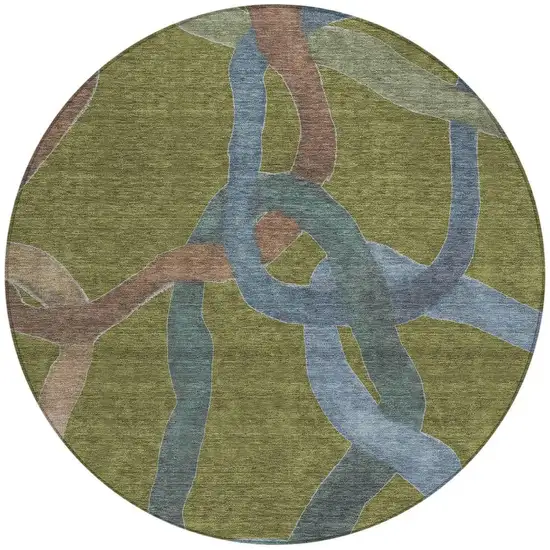 8' Olive Green Blue And Brown Round Abstract Washable Indoor Outdoor Area Rug Photo 3