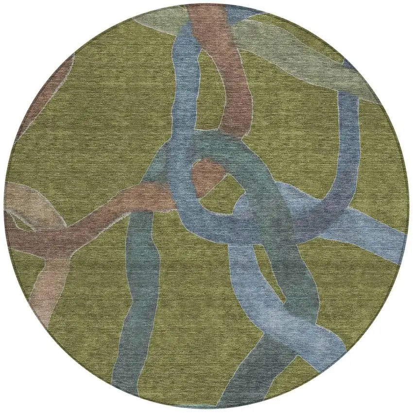 8' Olive Green Blue And Brown Round Abstract Washable Indoor Outdoor Area Rug Photo 3