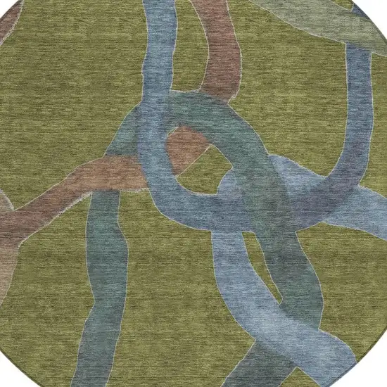 8' Olive Green Blue And Brown Round Abstract Washable Indoor Outdoor Area Rug Photo 2