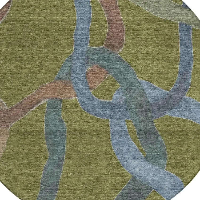 8' Olive Green Blue And Brown Round Abstract Washable Indoor Outdoor Area Rug Photo 2